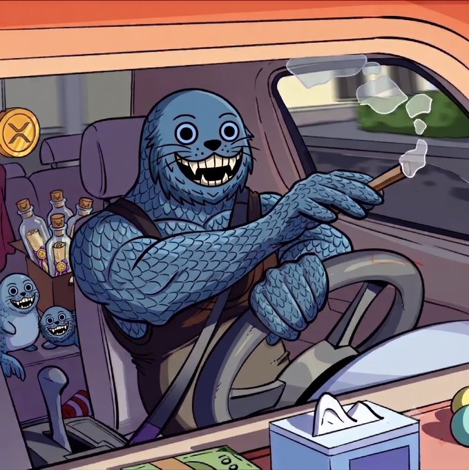 A cartoon illustration of a blue, furry, seal-like creature with a wide toothy grin driving a car while smoking a cigar, with smaller similar creatures and bottles in the back seat, and an XRP coin in the upper left corner.
