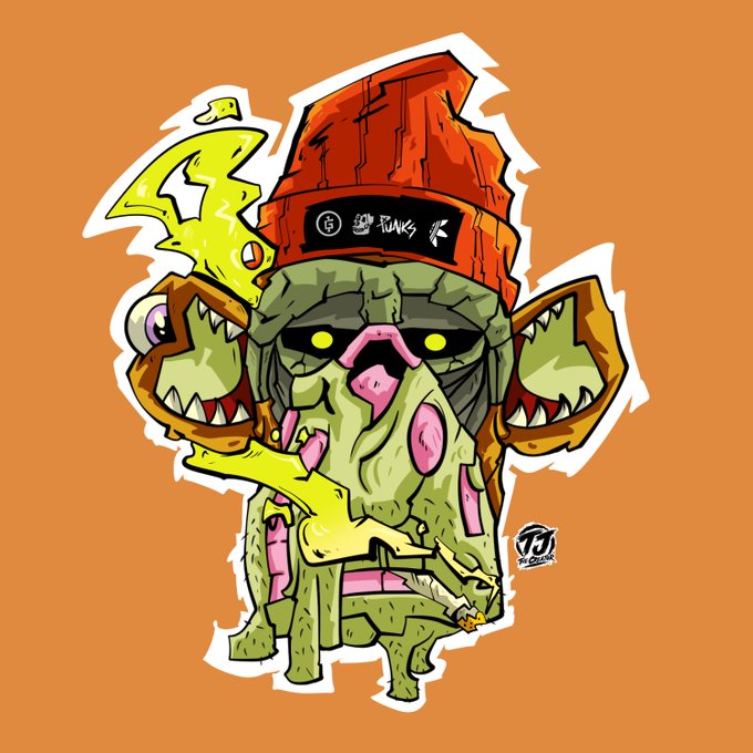 A stylized cartoon illustration of a green zombie-like creature wearing a red bucket hat, featuring glowing yellow eyes, exposed teeth, and a small yellow bird perched on top.