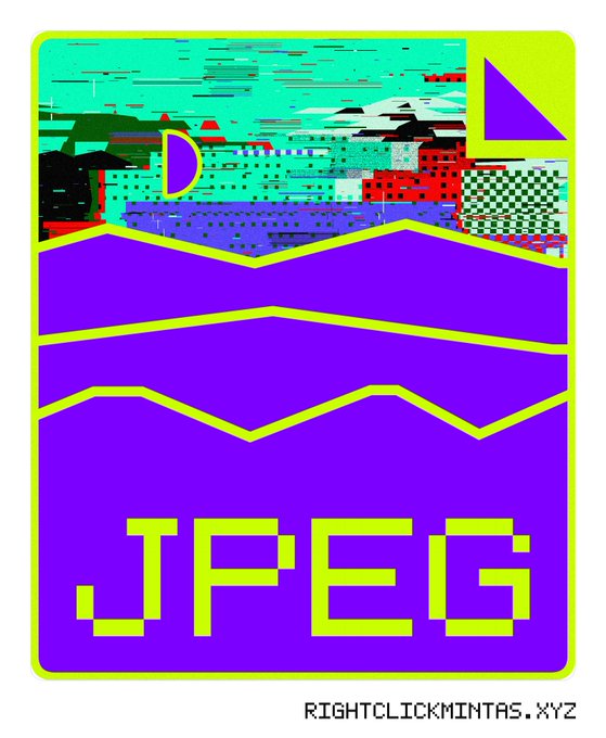A glitchy, pixel-art style digital card with a purple and neon green color scheme featuring the text '.JPEG' and 'RIGHTCLICKMINTAS.XYZ'.