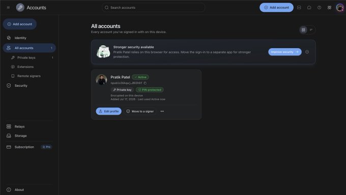 Screenshot of an Accounts settings page showing a 'Stranger security available' prompt for Pratik Patel, with options to 'Sign out actively' and tabs for Identity, Private keys, Extensions, and Security.
