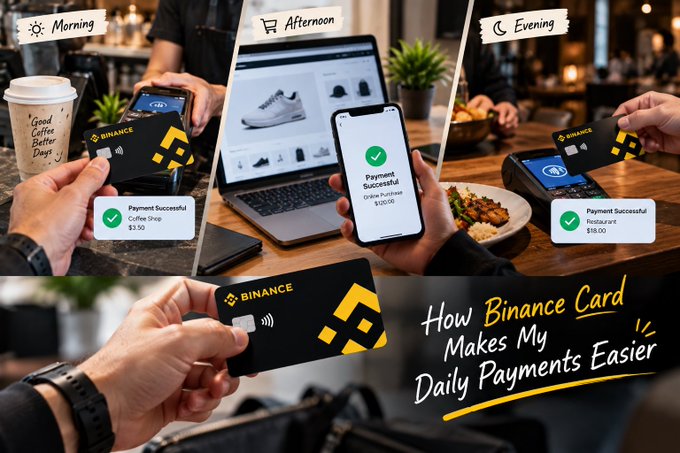 The image shows a Binance Card being used across three daily scenarios: morning coffee shop payment ($3.50), an afternoon online purchase of sneakers ($100), and an evening restaurant payment ($18.00), with each transaction displaying a "Payment Successful" confirmation on a smartphone. The bottom highlights the card with the text "How Binance Card Makes My Daily Payments Easier," illustrating how the card integrates crypto into routine everyday spending rather than just holding or trading.