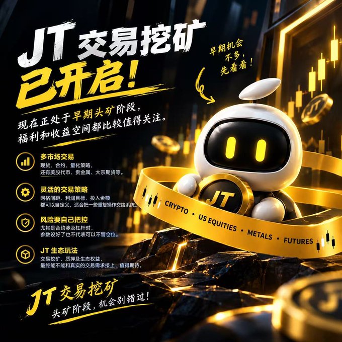 A bold promotional graphic for "JT交易挖矿" (JT Transaction Mining) features a futuristic white robot holding a JT-branded coin against a backdrop of glowing golden candlestick charts, with the headline "已开启!" (Now Open!) and taglines urging viewers to seize the early mining opportunity. Feature callouts highlight multi-market trading (crypto, US equities, metals, futures), flexible strategies, risk management, and an eco-friendly "JT生态玩法" (JT ecosystem model), visually reinforcing the message that early adopters of JT's head-mining phase can earn rewards by leveraging their existing trading habits.