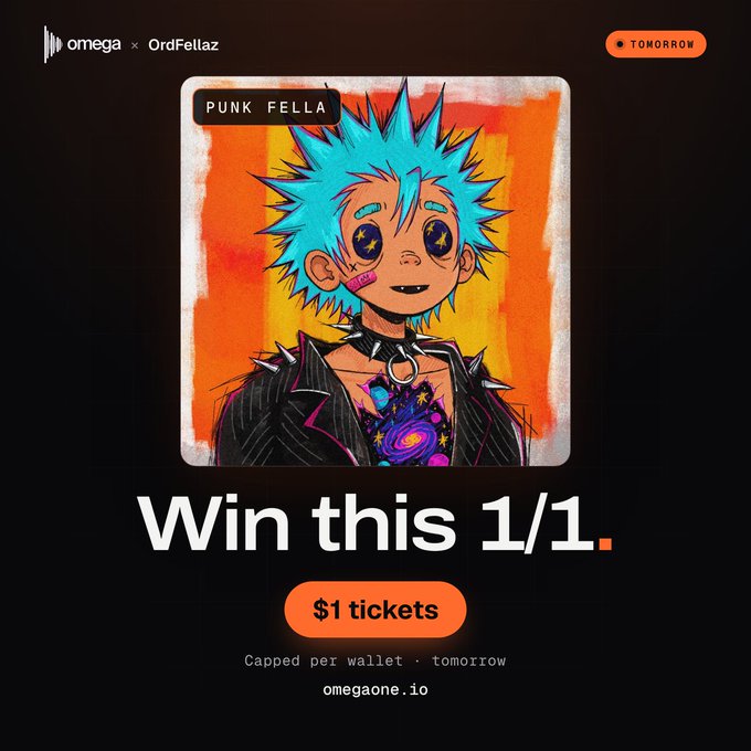 An Omega promotional advertisement for a 'PUNK FELLA' NFT artwork features a blue-haired character and offers 'Win this 1/1.' with '$1 tickets' at omegaone.io.