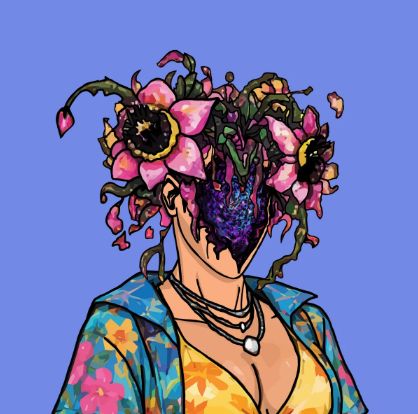 A digital illustration of a person with pink flowers and dark tendrils growing from their head, wearing a colorful floral shirt and a pendant necklace against a blue background.