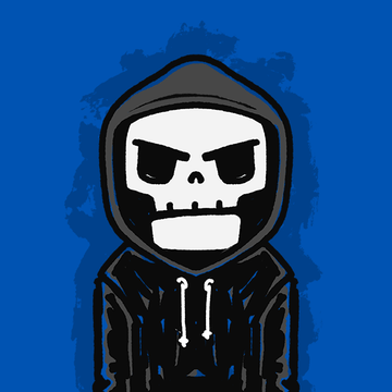 A cartoon-style avatar illustration of a grim reaper character with a white skull face, black hood, and black hoodie on a blue background.