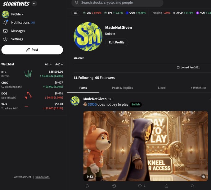 A Stocktwits profile page for user 'MadeNotGiven' located in 'Dubble', joined Jan 2021, showing 61 Following and 65 Followers, with a recent post featuring an image captioned '$DOG does not pay to play' and marked 'Bullish'.