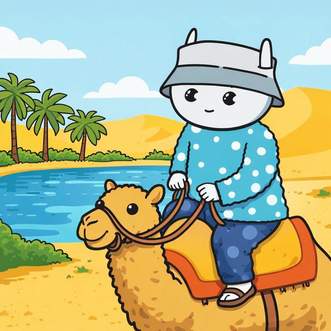 A cartoon illustration depicts a cute white character wearing a blue polka-dot shirt, jeans, and a gray bucket hat, riding a camel through a desert oasis with palm trees and a blue watering hole.