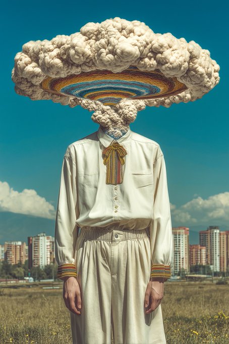 A surreal figure in a cream-colored shirt and trousers stands in a grassy field against a vivid blue sky, with a massive, textured cloud—resembling a colorful woven hat—obscuring the head, echoing the dominant blue tones of the artwork's atmospheric backdrop.