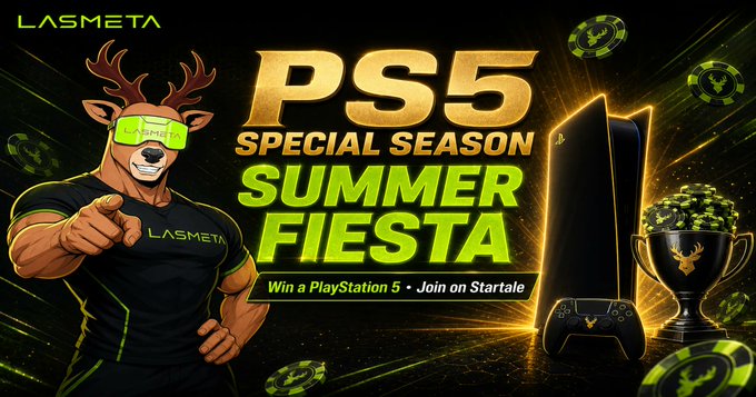 A bold promotional banner features a muscular cartoon stag mascot wearing green LASMETA-branded sunglasses and a black shirt, alongside a glowing PlayStation 5 console, DualSense controller, and a golden trophy overflowing with chips, advertising the "PS5 SPECIAL SEASON SUMMER FIESTA" with the call to "Win a PlayStation 5 • Join on Startale," directly illustrating the poker tournament giveaway where the top prize is a PS5 alongside other rewards.