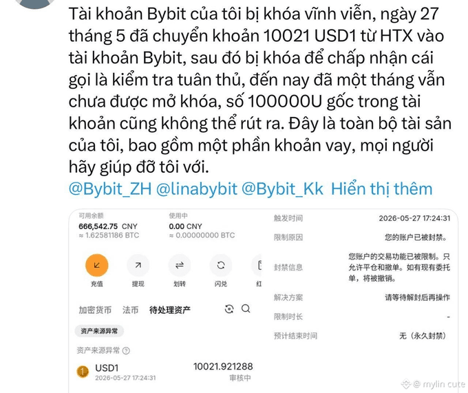 A Vietnamese-language social media post by a user reporting that their Bybit account was permanently frozen after transferring 10021 USD1 from HTX on May 27, with a screenshot showing the account locked due to "abnormal source of funds" review (审核中), highlighting concerns about CEX-to-CEX transfers being flagged.