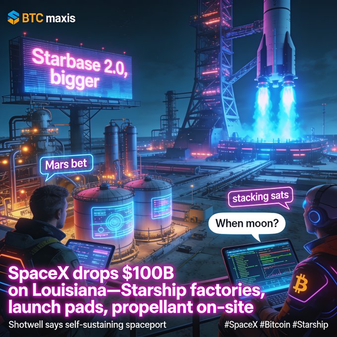 A cyberpunk-style graphic from 'BTC maxis' depicting a futuristic Starship facility with neon billboards, showing SpaceX's $100B investment in Louisiana for Starbase 2.0 with Bitcoin-themed speech bubbles ('stacking sats', 'When moon?', 'Mars bet').