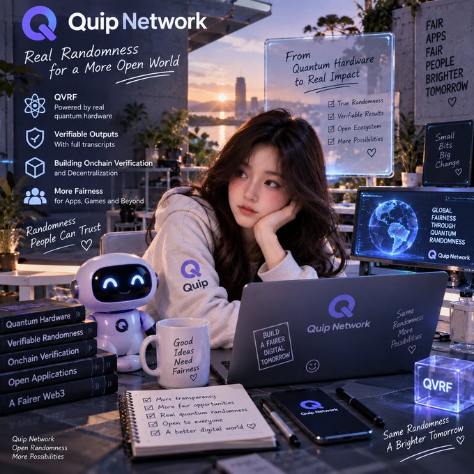 A promotional image for 'Quip Network' featuring a woman working on a laptop, accompanied by a small robot and a glowing cube labeled 'QVRF', with text highlighting 'Real Randomness for a More Open World'.