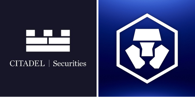 The image displays two side-by-side logos: Citadel Securities with its white castle/fortress icon on a dark navy background, and Crypto.com with its distinctive white hexagonal emblem featuring a stylized "C" design on a blue gradient background, visually representing the partnership and $400M investment referenced in the post.