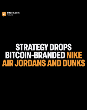A Bitcoin.com branded graphic features bold white text on a black background announcing "STRATEGY DROPS BITCOIN-BRANDED NIKE AIR JORDANS AND DUNKS," which accompanies news of Strategy launching Bitcoin-themed Nike sneakers and other crypto-inspired merchandise in its store.