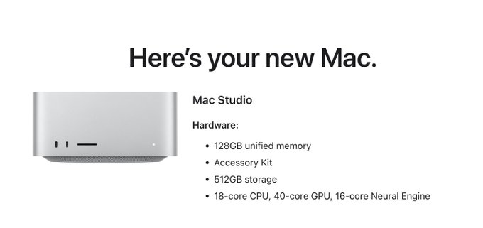 A promotional graphic announcing 'Here's your new Mac' featuring the Mac Studio with 128GB unified memory, 512GB storage, and 18-core CPU.