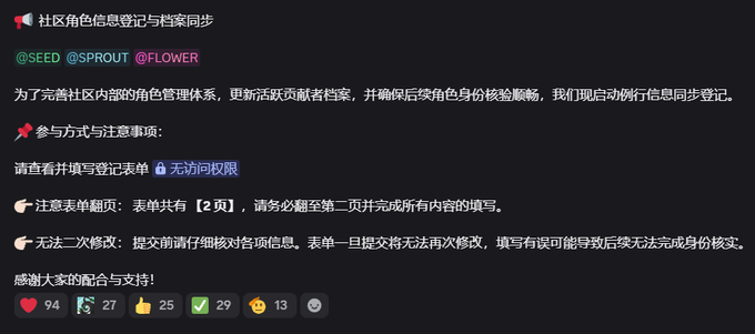A Discord announcement from @SEED, @SPROUT, and @FLOWER titled "社区角色信息登记与档案同步" (Community Role Information Registration and Profile Synchronization) requests active members to fill out a 2-page registration form to update the community's internal role management system, with a warning that the form cannot be modified once submitted. The post has 94 hearts, 27 unknown reactions, 25 thumbs up, 29 checkmarks, 13 emojis, and additional reactions, indicating strong engagement from the @StandX_Official community preparing for upcoming role verifications.
