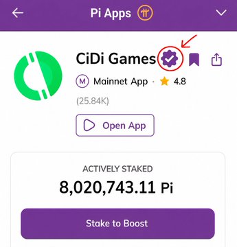 A Pi Apps interface showing the CiDi Games app with a 4.8 rating and 8,020,743.11 Pi actively staked.