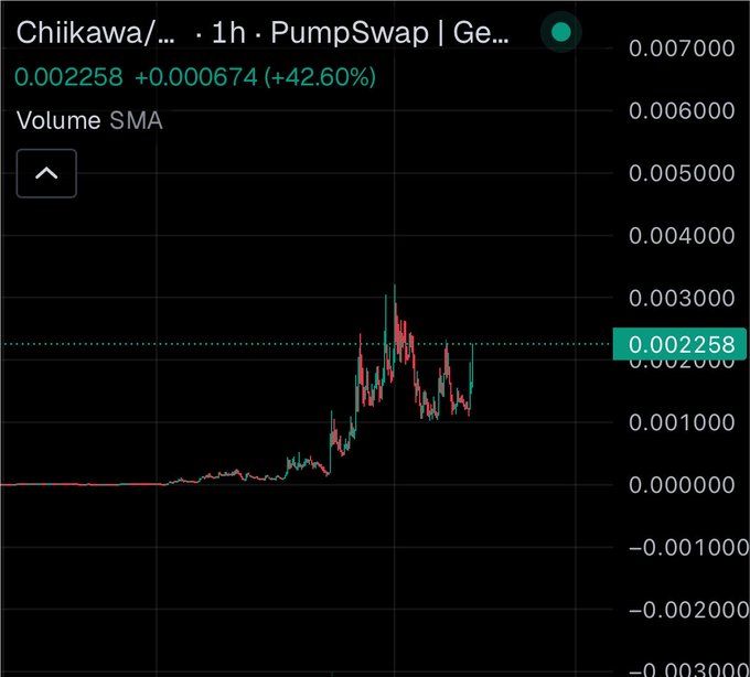 The image shows a 1-hour candlestick chart from PumpSwap for the token "Chiikawa..." (likely $Chiikawa), displaying a price of 0.002258 USD with a +42.60% gain (+0.000674), illustrated by a recent sharp upward spike from near-zero levels. This visualizes the user's post about buying $Chiikawa, highlighting the token's notable price pump as the context for their purchase.