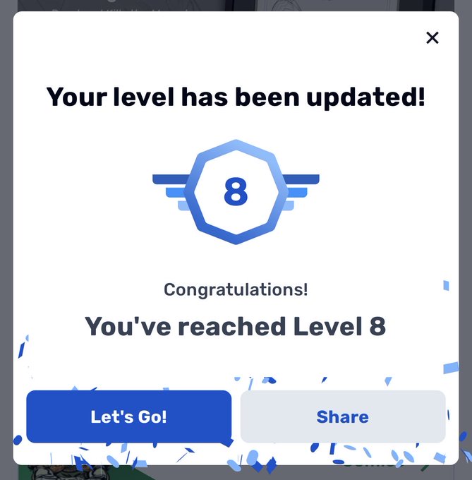 The image displays a congratulatory message celebrating someone's accomplishment, possibly reaching Level 8 in an online game or puzzle. It features elements of celebration such as confetti, with small blue and white pieces scattered around. The background includes details about the post and additional content like the name "RealRandyChavez", which might be a reference to the person who has achieved this milestone, or "@Kryptlos_DC". The overall message conveys the excitement of reaching an important level in the game or puzzle.