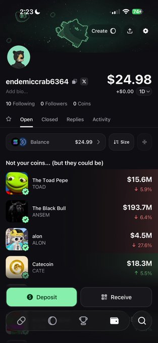 A Pump.fun profile screenshot for user "endemiccrab6364" showing a balance of $24.98, just under the $25 starting point for the challenge. The profile displays a holdings list featuring memecoins like $TOAD, $ANSEM, $ALON, and $CATE, supporting the post's "day 1" starting point of a $25-to-$500 memecoin challenge.