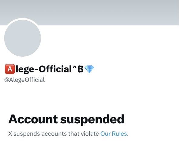 The image shows a suspended X/Twitter account page for "Alege-Official^☬ (@AlegeOfficial), displaying a message that the account was suspended for violating platform rules. The caption "Tried my best • I fell • Can we try again" reflects a poignant plea for reinstatement, mirroring the account's current fall from the platform while expressing hope for a second chance.