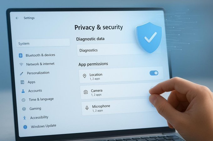 A conceptual image showing a hand interacting with the "Privacy & security" settings menu on a laptop, specifically toggling the "Location" switch under "App permissions".