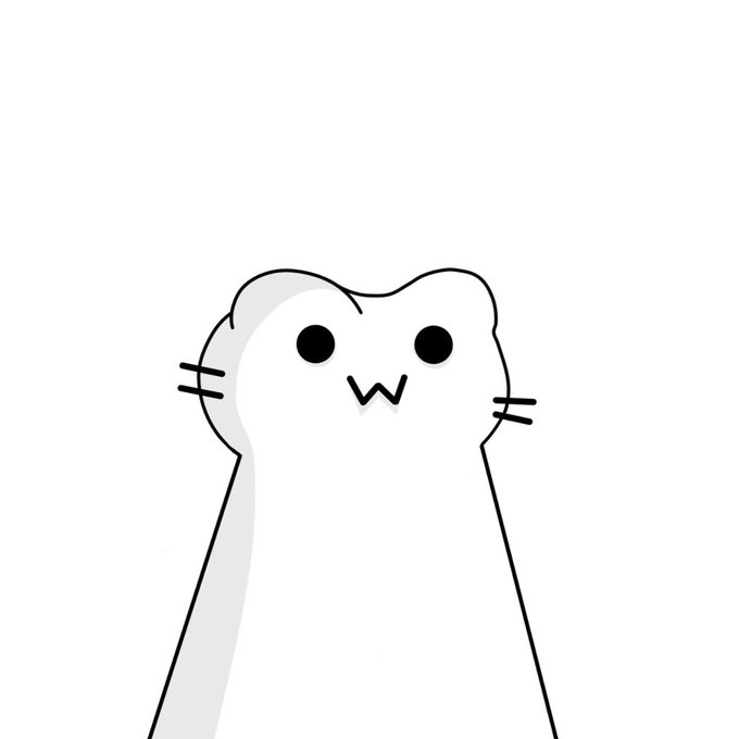 Simple cartoon illustration of a cute white character with black dot eyes, a small 'w' mouth, whiskers, and two long leg-like appendages.