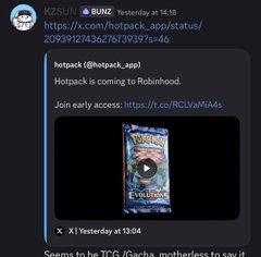 A Twitter/X post by KZSUI (@BUNZ) announcing that hotpack (@hotpack_app) is coming to Robinhood, including an image of a snack package.