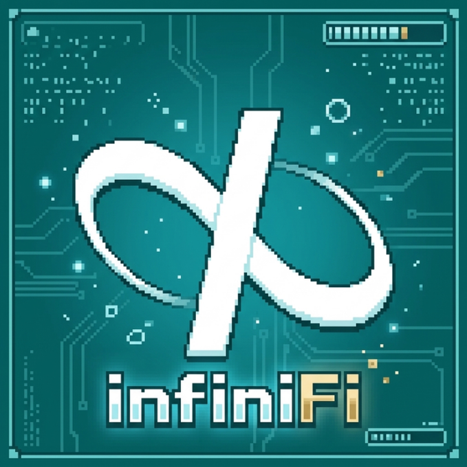 A pixel art logo featuring a stylized white infinity symbol above the text 'infiniFi' on a teal circuit-board style background.