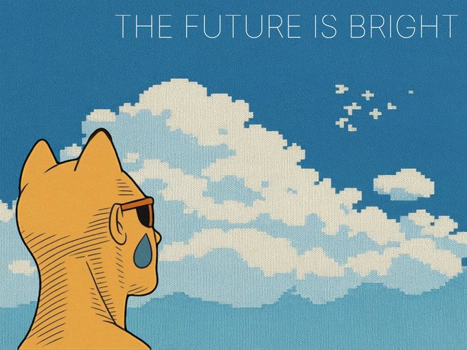 A pixel art style illustration of an orange cat character wearing sunglasses with a tear, looking at clouds, with the text "THE FUTURE IS BRIGHT" displayed.