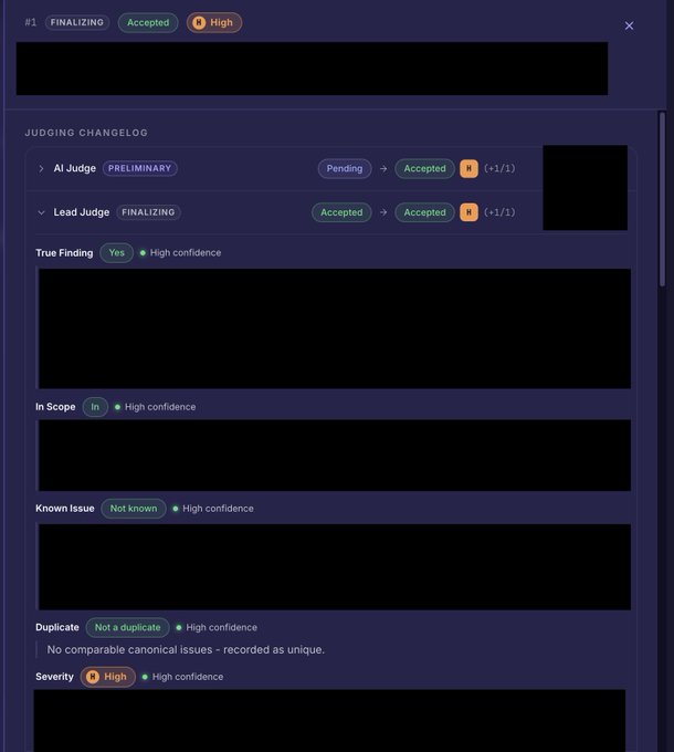 A bug bounty report status panel showing the #1 submission moving from "FINALIZING" with status "Accepted" and High severity, alongside a judging changelog with both AI Judge (PRELIMINARY) and Lead Judge (FINALIZING) reaching "Accepted" verdicts at +1/-1. This visually supports the post's claim that the high-severity submission was validated through a hybrid AI-and-human judging process, likely qualifying it for the $200k reward pool.
