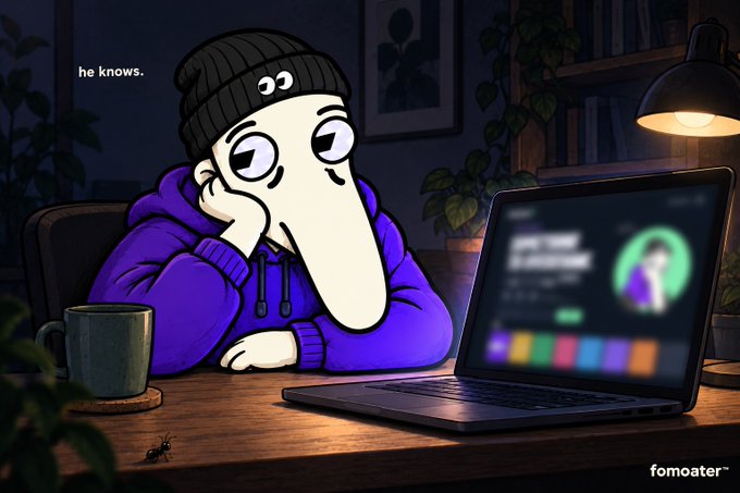 A cartoon illustration of a character with an elongated face wearing a purple hoodie and beanie, sitting at a desk looking at a laptop screen, with the caption 'he knows.' and watermark 'fomoater'.