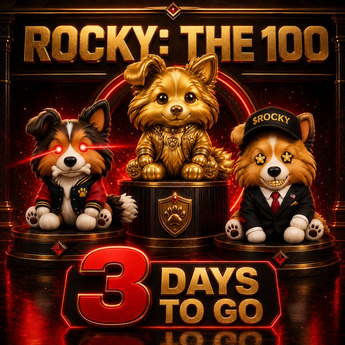 A promotional graphic titled 'ROCKY: THE 100' features three stylized dog figurines on golden pedestals against a red and black background, with '3 DAYS TO GO' displayed prominently at the bottom.