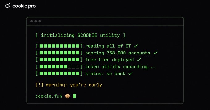 A terminal-style loading screen for "$COOKIE utility" from cookie pro shows progress bars completing tasks including reading all of CT, scoring 758,000 accounts, deploying free tier, and expanding token utility, with a "so back ✓" status and "warning: you're early" message at cookie.fun. The image visually matches the post, which lists the same initialization steps in the same order.