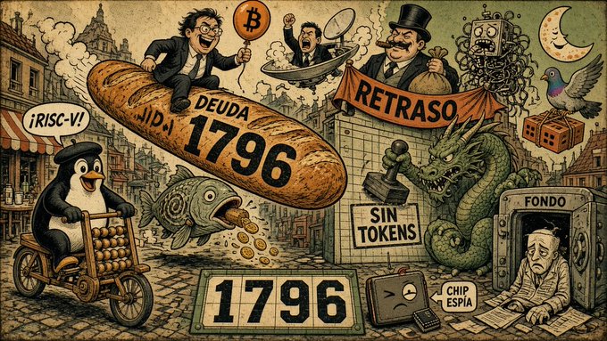 A whimsical, vintage-style illustration featuring characters with a giant potato labeled 'DEUDA 1796', alongside signs reading '¡RISC-V!', 'RETRASO', 'SIN TOKENS', and 'FONDO', depicting various crypto-related themes.