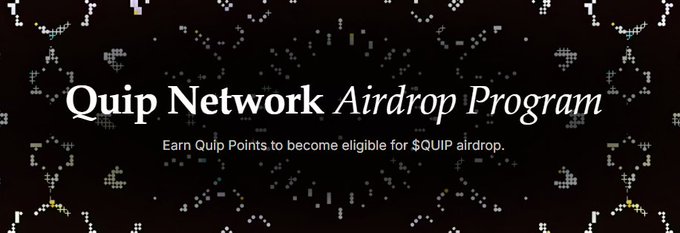 A promotional banner for the 'Quip Network Airdrop Program' with the text 'Earn Quip Points to become eligible for $QUIP airdrop,' set against a dark background with glowing particle graphics.