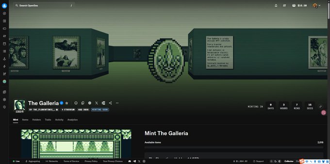 An OpenSea NFT marketplace page displaying 'The Galleria' collection, showing a pixelated gallery interior and a 'Mint The Gallera' option.