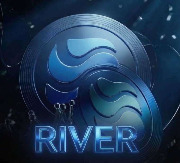 A metallic 3D logo for 'RIVER' featuring stylized 'S' wave symbols on circular medallions with a glowing blue finish.