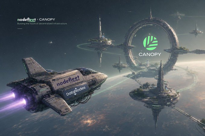 The image features a futuristic cityscape with various buildings, including one that has a "Canopy" logo on its roof. A spaceship is flying through this city, passing by a large circular structure surrounded by numerous smaller structures. The sky above the city appears to be dark and cloudy. In the background of the image, there are logos for companies such as "Canopy", "Nodeleft", and "CNPY".