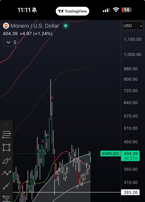 A TradingView chart on a mobile phone displays Monero (XMR/USD) priced at $404.39, up 1.24% (+$4.97), with recent green candlesticks and bullish trend lines confirming the post's claim that XMR is the only cryptocurrency showing notable upward movement.