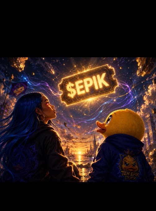 A vibrant digital illustration showing a blue-haired woman facing a yellow duck character, with a glowing ticket that reads '$EPIK' floating between them against a fantasy sunset backdrop.