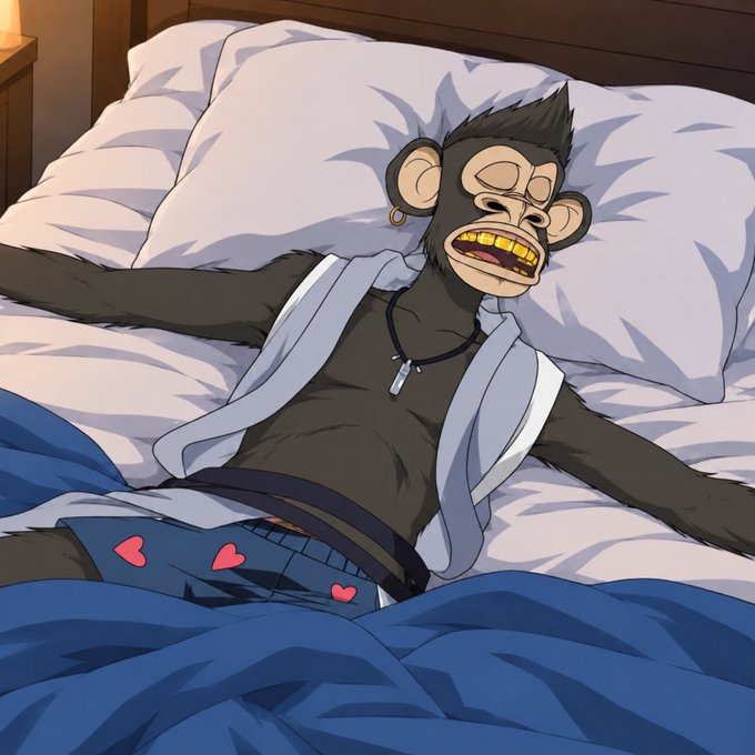 An illustrated image of a monkey-like humanoid character with gold teeth lying in bed, wearing underwear with red heart designs and a necklace, appearing to be in a state of blissful exhaustion.