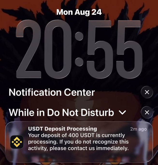 A smartphone lock screen displays the time "20:55" on Mon Aug 24, with a Notification Center banner showing "USDT Deposit Processing" — indicating a 400 USDT deposit from 2 minutes ago — which aligns with the post's theme of earning Web3 income through airdrop or work activities.
