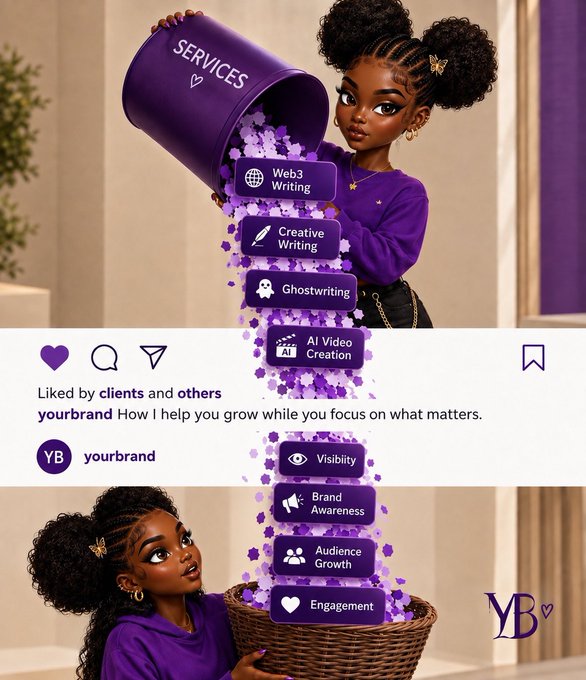 A marketing graphic showing an illustrated woman pouring purple 'SERVICES' from a bucket, listing offerings like Web3 Writing, Creative Writing, Ghostwriting, AI Video Creation, Visibility, Brand Awareness, Audience Growth, and Engagement.