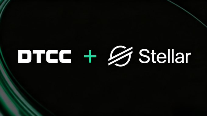 The image displays a dark graphic with green curved accents on the left side, featuring the white "DTCC" logo on the left, a green plus sign in the middle, and the Stellar logo with its name "Stellar" on the right—visually representing the partnership between the Depository Trust & Clearing Corporation (DTCC) and the Stellar blockchain network. The "+" symbol emphasizes the connection between Wall Street's core securities infrastructure and Stellar's blockchain technology, reinforcing the post's message about DTCC integrating Stellar for its tokenization services.