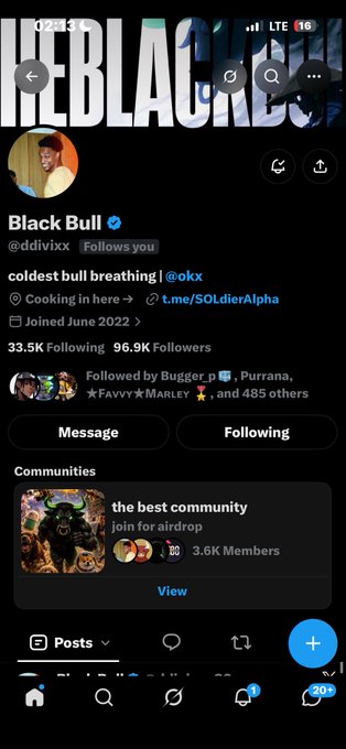A Twitter/X profile for 'Black Bull' (@ddivixx) with the bio 'coldest bull breathing | @okx', showing 33.5K Following and 96.9K Followers, joined June 2022.