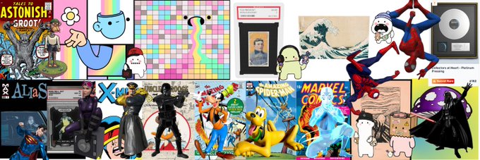 A collage of various pop culture and cartoon images including Spider-Man, the Great Wave off Kanagawa, Hokusai art, Darth Vader, and the text 'ASTONISH GROOT' and 'MARVEL COMICS'.