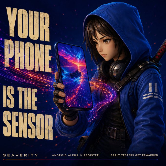 Promotional artwork for an app or game called "SEAVERITY" featuring an anime-style female character in a blue hoodie holding a phone that displays a colorful cosmic scene, with text reading "YOUR PHONE IS THE SENSOR," "ANDROID ALPHA // REGISTER," and "EARLY TESTERS GET REWARDED."