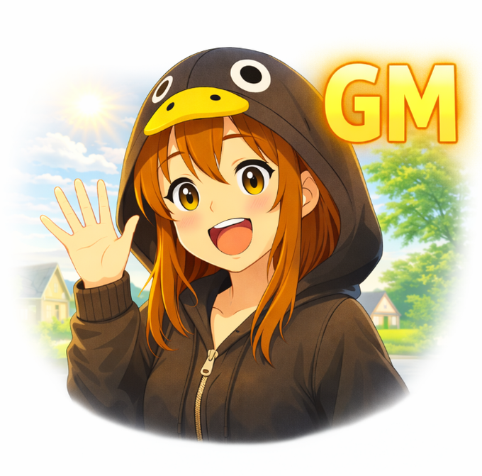 The image features an anime character wearing a black hoodie with a yellow duck face, standing against a white background. The character appears to be waving at someone while smiling. The accompanying text reads "Good morning everyone The deeper I explore @wallchain , the more I understand that Mindshare is probably connected to the overall value someone brings to the ecosystem Not just through content But through participation as a whole".