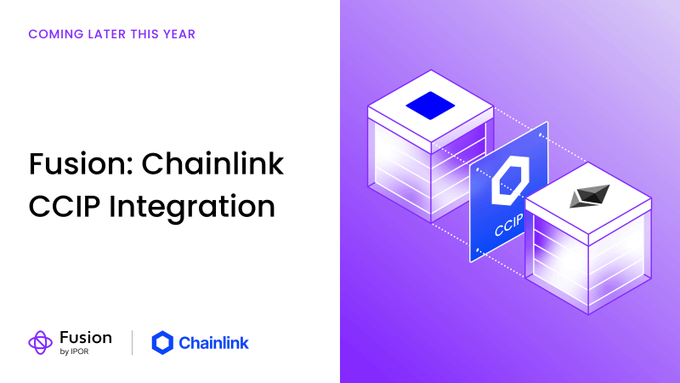 An announcement graphic stating 'Fusion: Chainlink CCIP Integration' with 'COMING LATER THIS YEAR,' showing logos for Fusion by IPOR and Chainlink alongside an isometric illustration of blockchain cubes connected by a CCIP bridge.